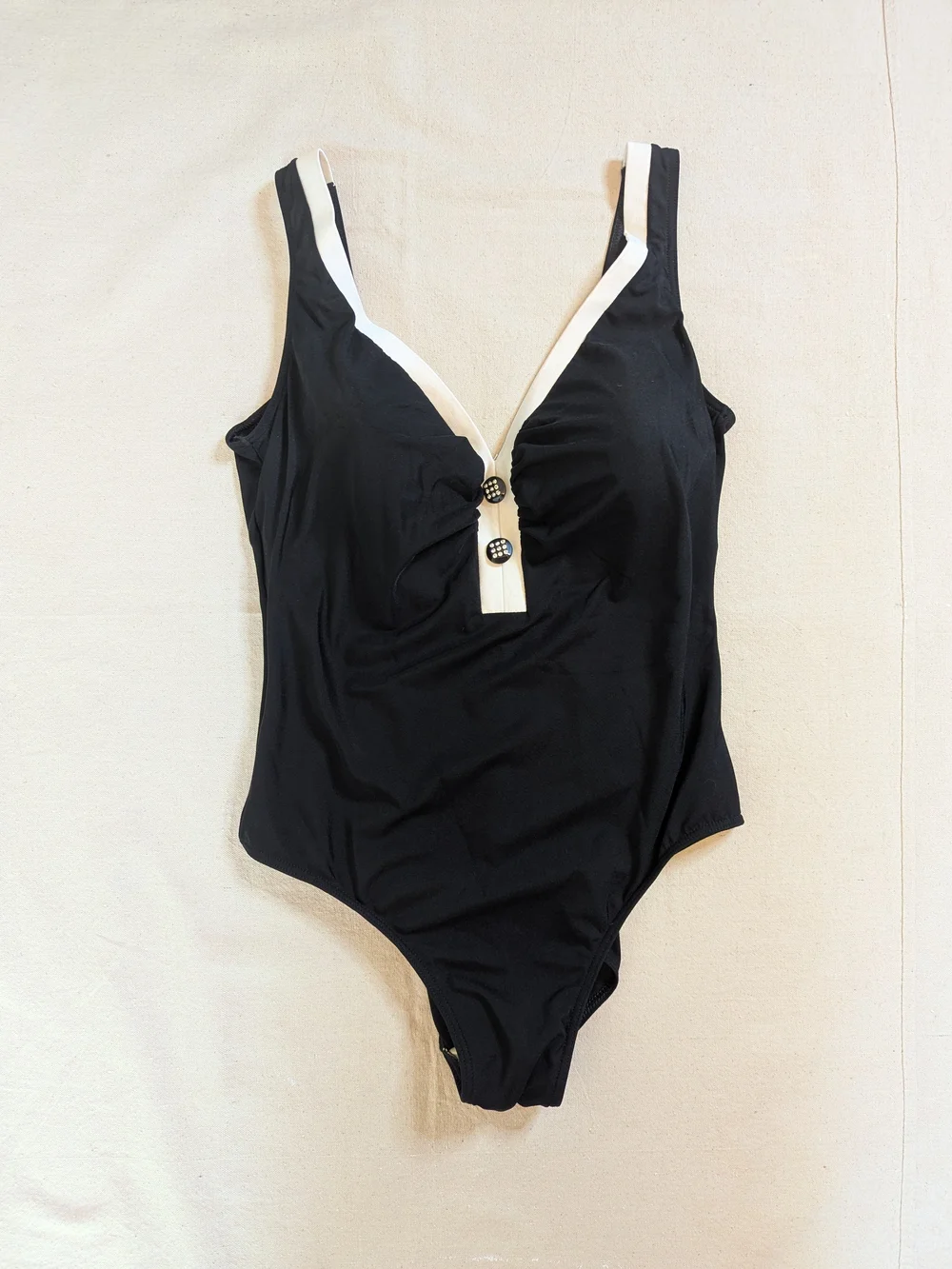 Classic Black And White One-Piece Swimsuit With Rhinestone Button Detail